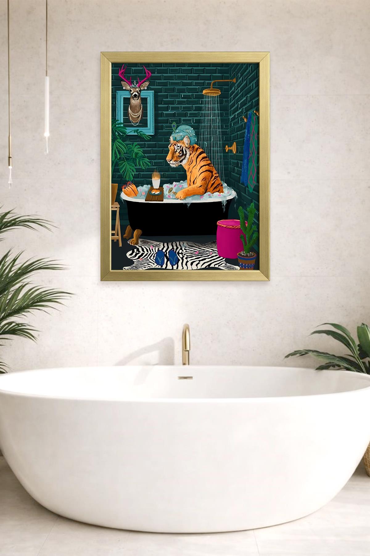 KOI Art Design Bath Tiger Tablo + Ermitaj A3-30x42 cm Altın Çerçeve