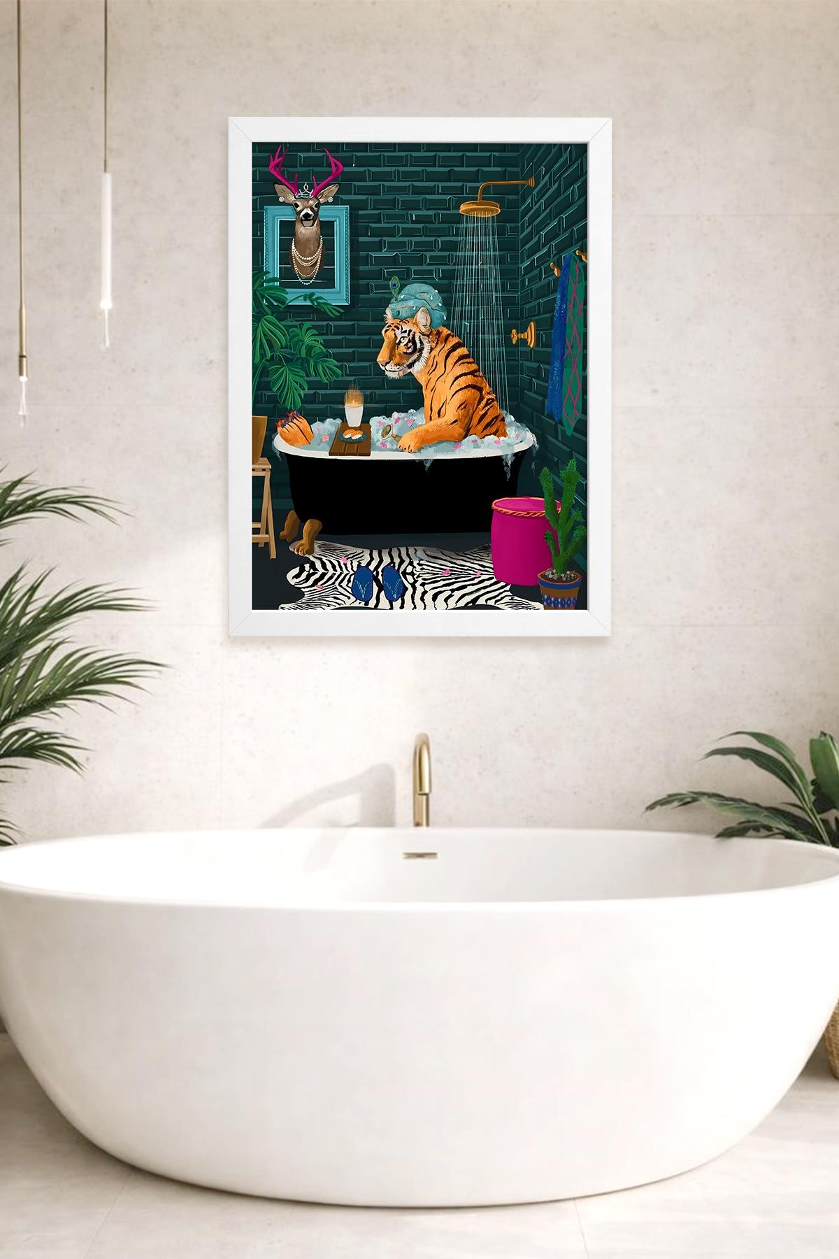 KOI Art Design Bath Tiger Tablo + Ermitaj A3-30x42 cm Beyaz Çerçeve