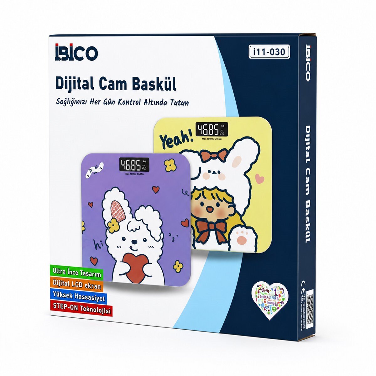 0221A DİJİTAL - PİLLİ DESENLİ RENKLİ CAM BANYO BASKÜL TERAZİ TARTI LCD EKRAN 180KG/50GR 26X26CM İ11-030 (5293)