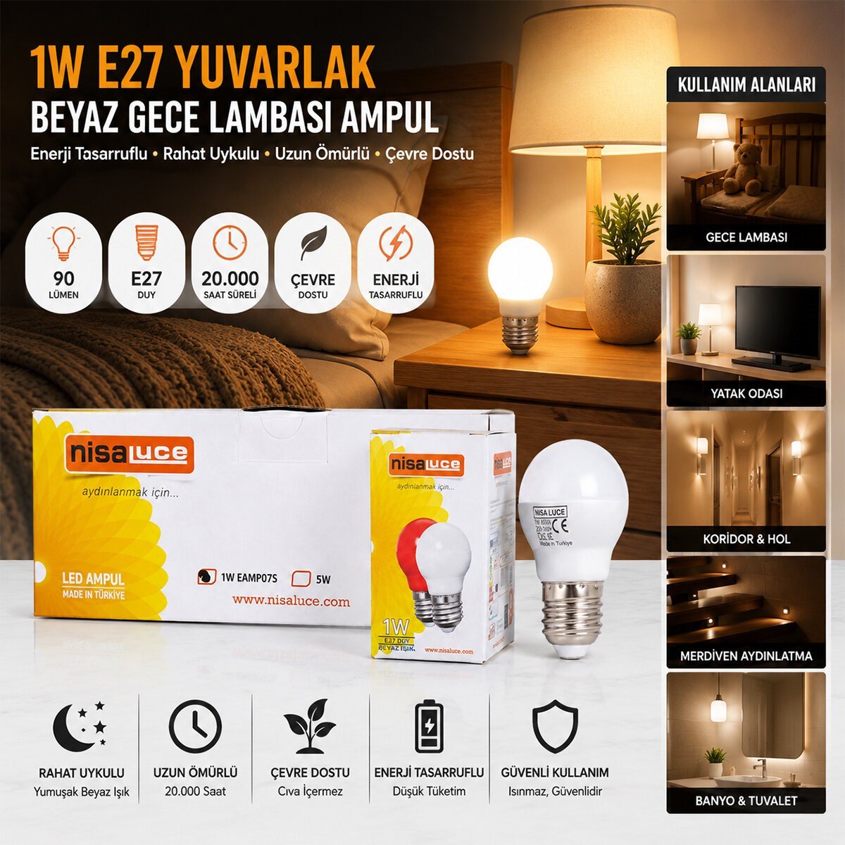 10 ADET 1W E27 BEYAZ YUVARLAK GECE LAMBASI LED AMPUL (5293)