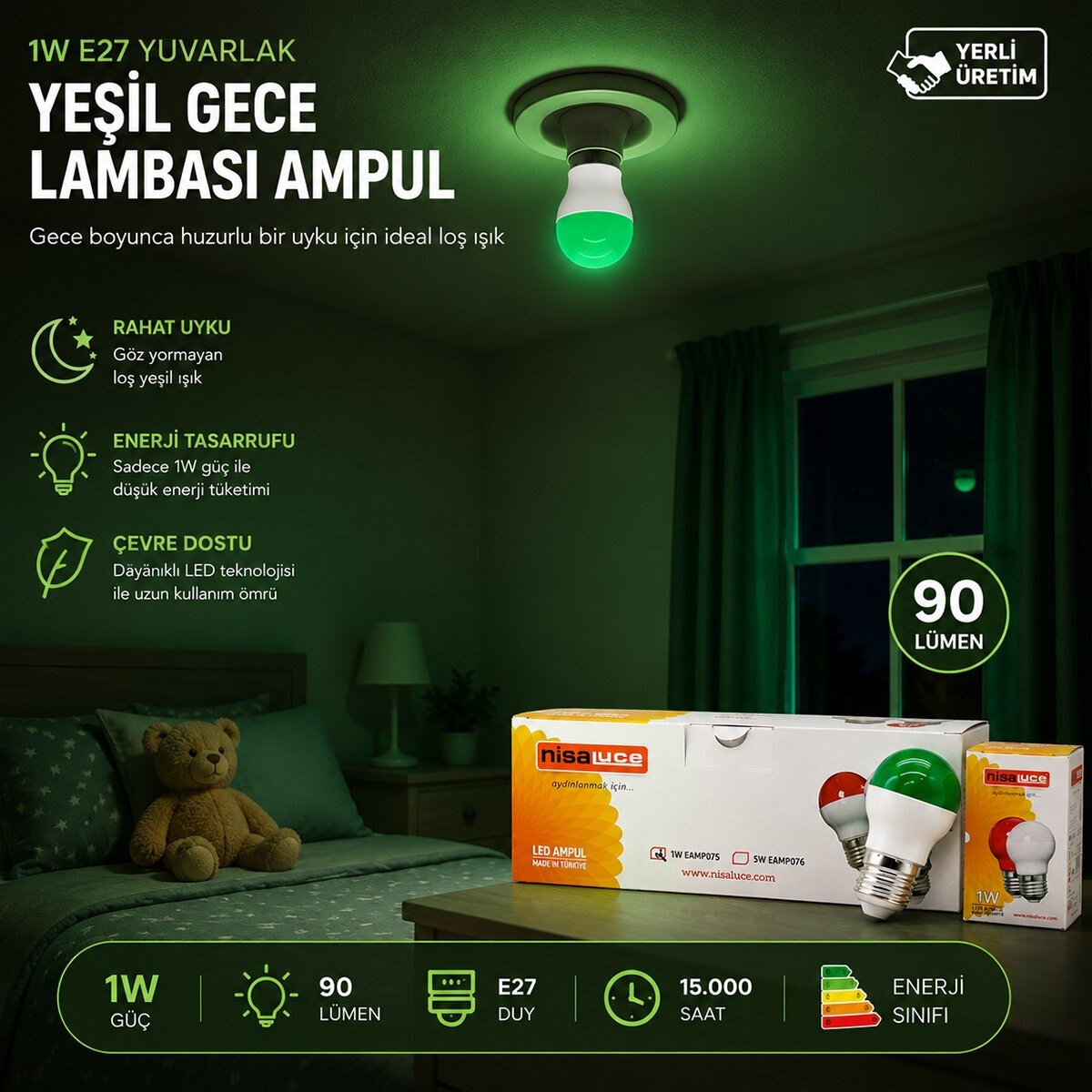 10 ADET 1W E27 YEŞiL YUVARLAK GECE LAMBASI LED AMPUL EAMP-075 (5293)
