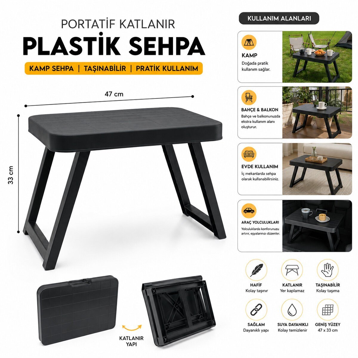 10 ADET KÜÇÜK= 47X33CM KAMP - PİKNİK MASASI SİYAH PLASTİK KATLANABİLİR AYAKLI=38CM (5293)
