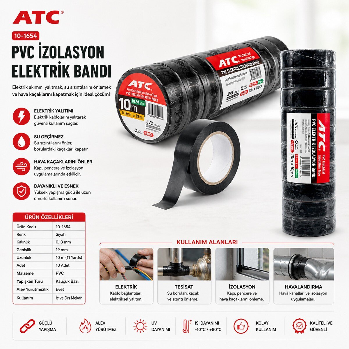 10 ADET LÜX SİYAH PVC İZOLASYON ELEKTRİK BANDI 0.13X19X11YDS 10MM - 1 PAKET GÖNDERİLİR - 1 PAKET İÇİNDE 10 ADET BANT VARDIR (5293)
