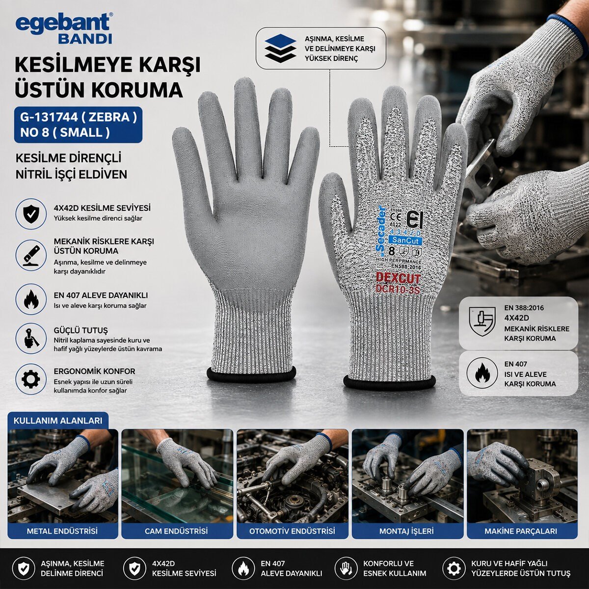 10 ADET ZEBRA NO 8 SMALL KESİLME DİRENÇLİ NİTRİL İŞÇİ ELDİVEN BANDI (5293)