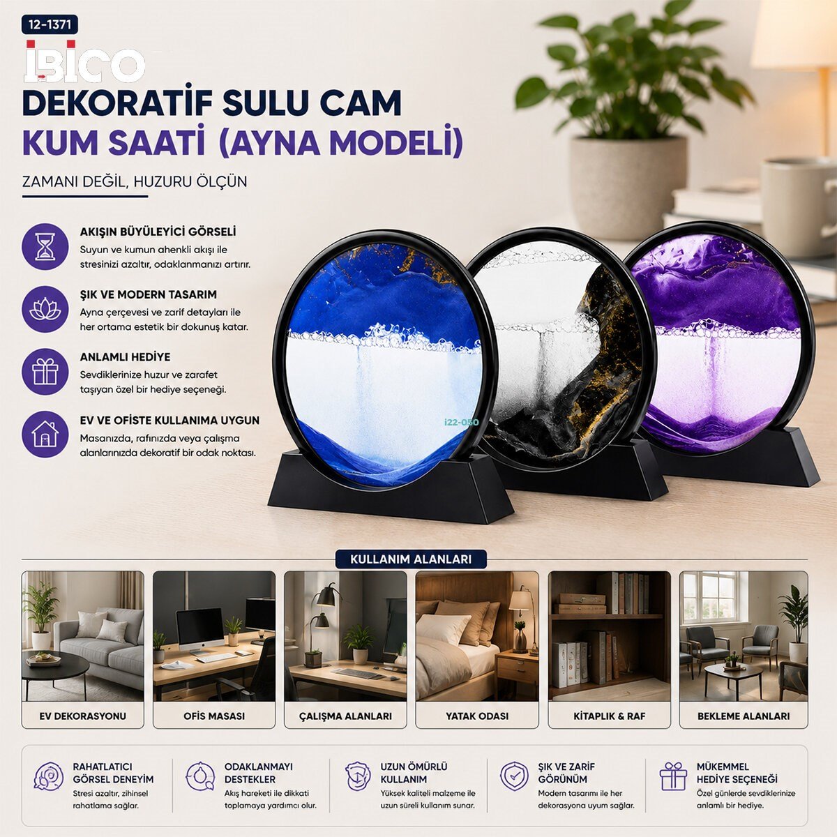 10 INC - 25CM RENKLİ SULU CAM KUM SAATİ HAREKETLİ AYNA MODELİ (5293)