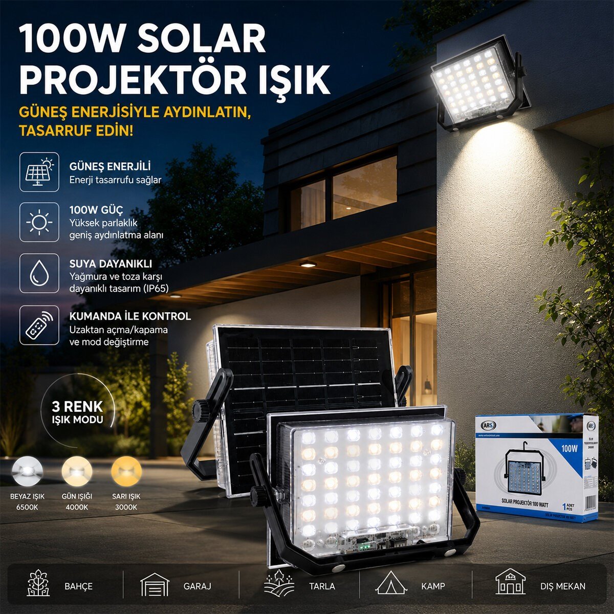 100W GÜNEŞ ENERJİLİ LED IŞIK SOLAR PROJEKTÖR - FENER KAMP - DIŞ MEKAN 3 FARKLI LED IŞIK 348960 LMB (5293)