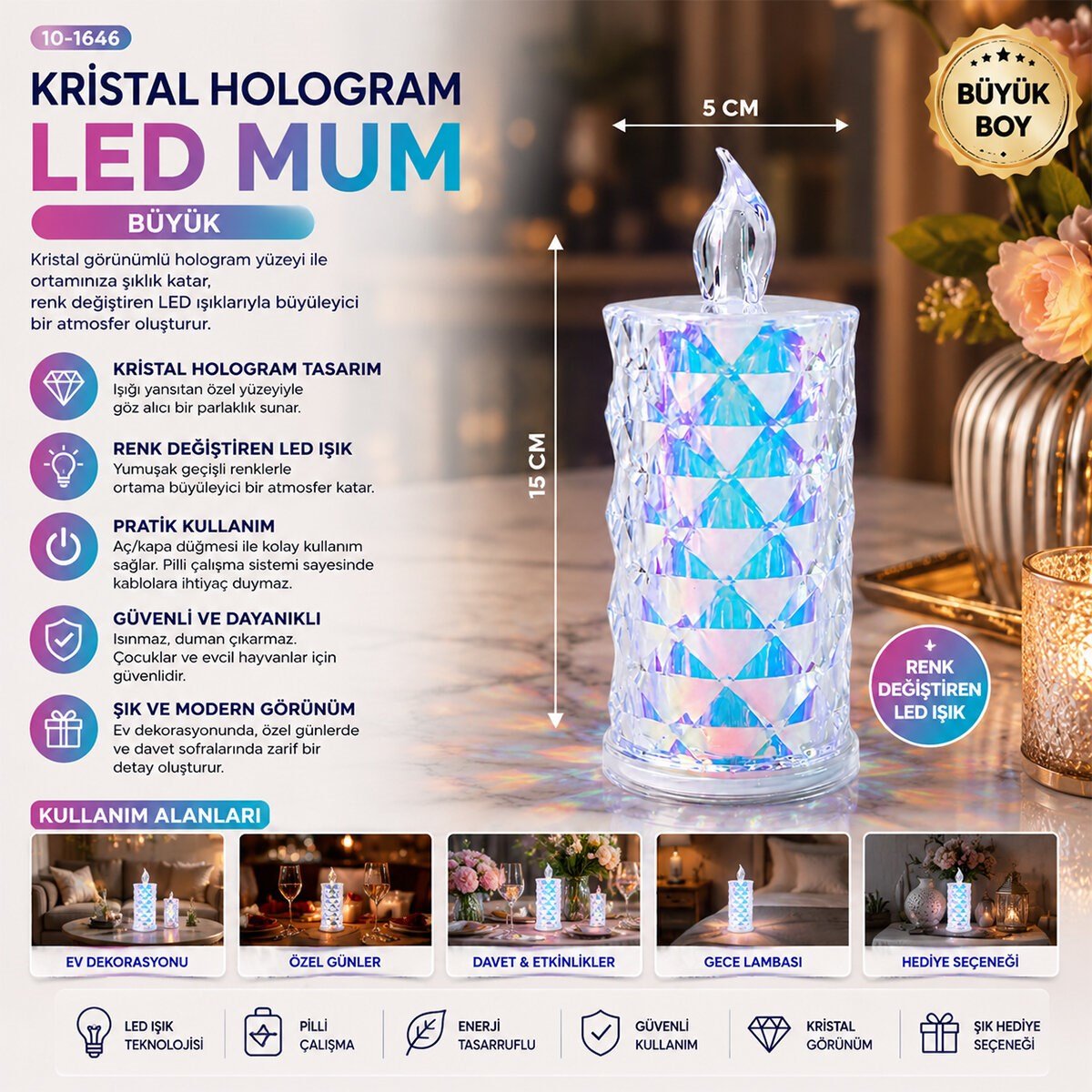12 ADET LED CANDLE KAMP BÜYÜK BOY= ÇAP:5CM - Y: 16CM PİLLİ LED MUM MİKA KRİSTAL PLASTİK YAKUT-13637 (5293)