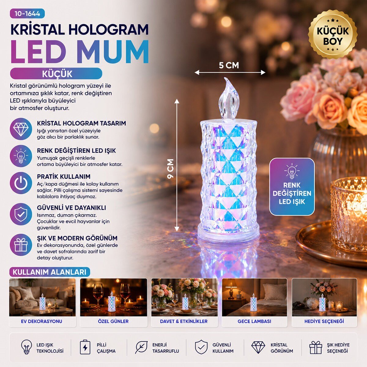 12 ADET LED CANDLE KAMP KÜÇÜK BOY= ÇAP:5CM - Y: 9CM PİLLİ LED MUM MİKA KRİSTAL PLASTİK YAKUT-13635 (5293)