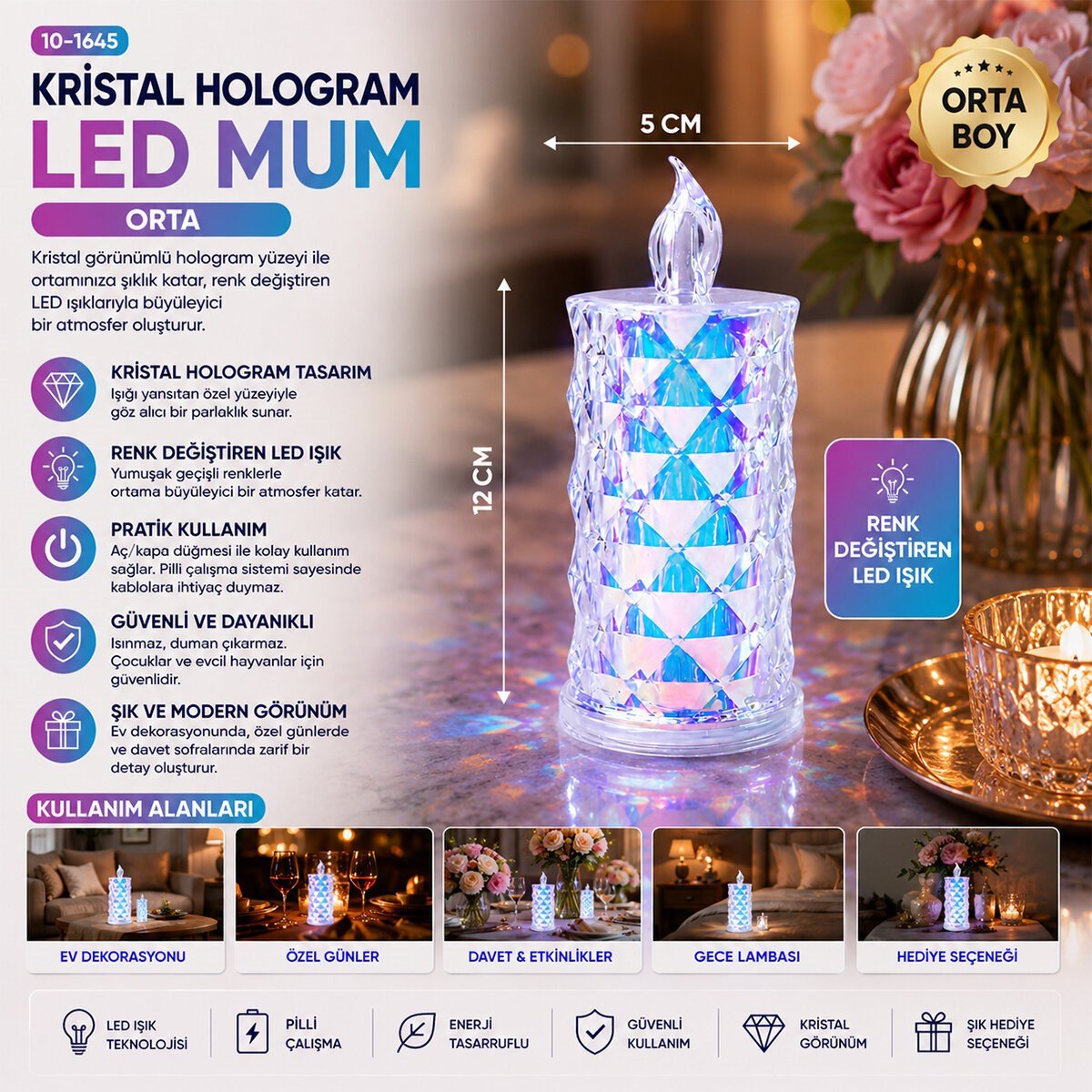 12 ADET LED CANDLE LAMP ORTA BOY= ÇAP:5CM - Y: 12CM PİLLİ LED MUM MİKA KRİSTAL PLASTİK YAKUT-13636 (5293)