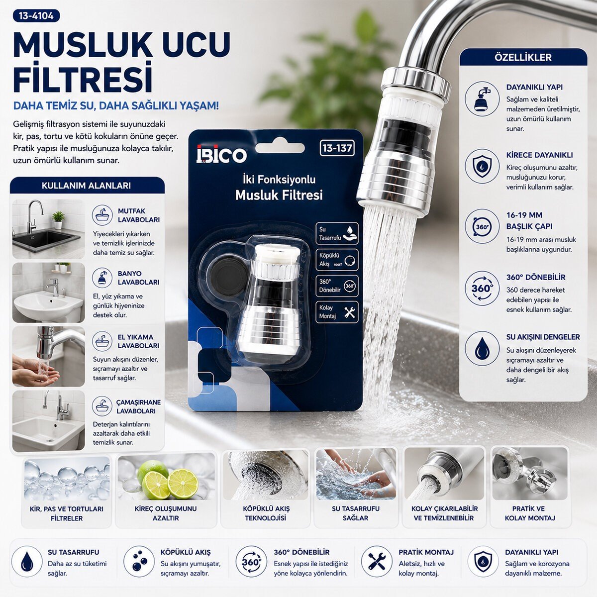 12 ADET MUSLUK UCU FİLTRESİ 2 FONKSİYONLU 360° DERECE DÖNEBİLEN BAŞLIK 16-19MM CAŞLIK ÇAPI (5293)