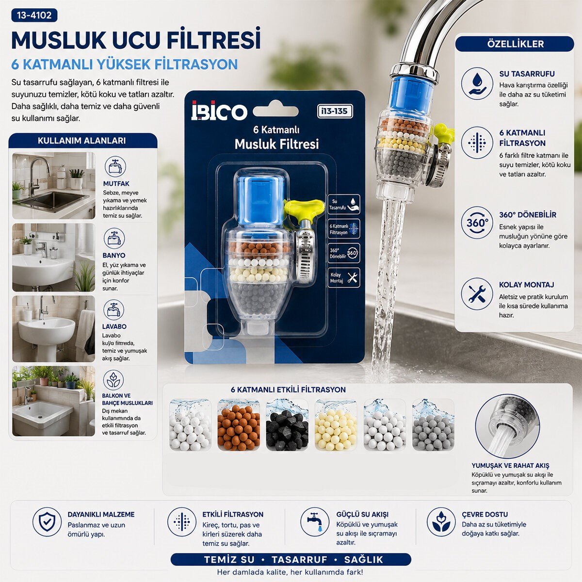 12 ADET MUSLUK UCU FİLTRESİ 6 KATMANLI - TAŞLI 360° 16-19MM TÜM MUSLUKLARA UYUM KİREÇLENME YAPMAZ (5293)