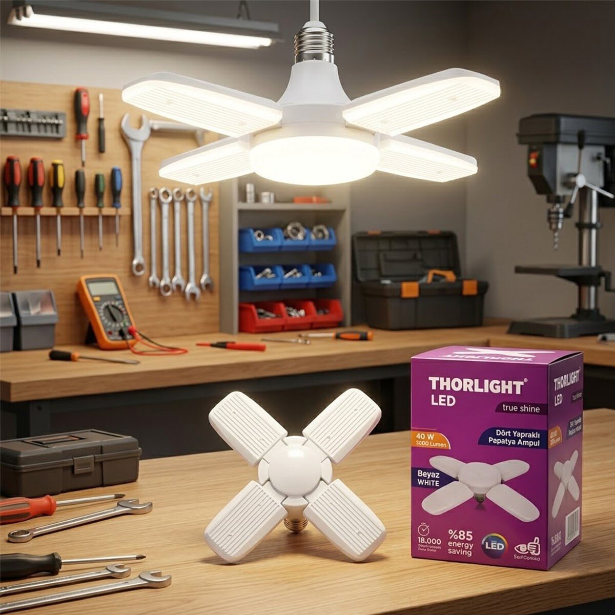 1+4 KOLLU - YAPRAKLI PERVANE MODELİ PAPATYA BEYAZ LED LAMBA AMPUL 40W - E27 P-6040B (5293)