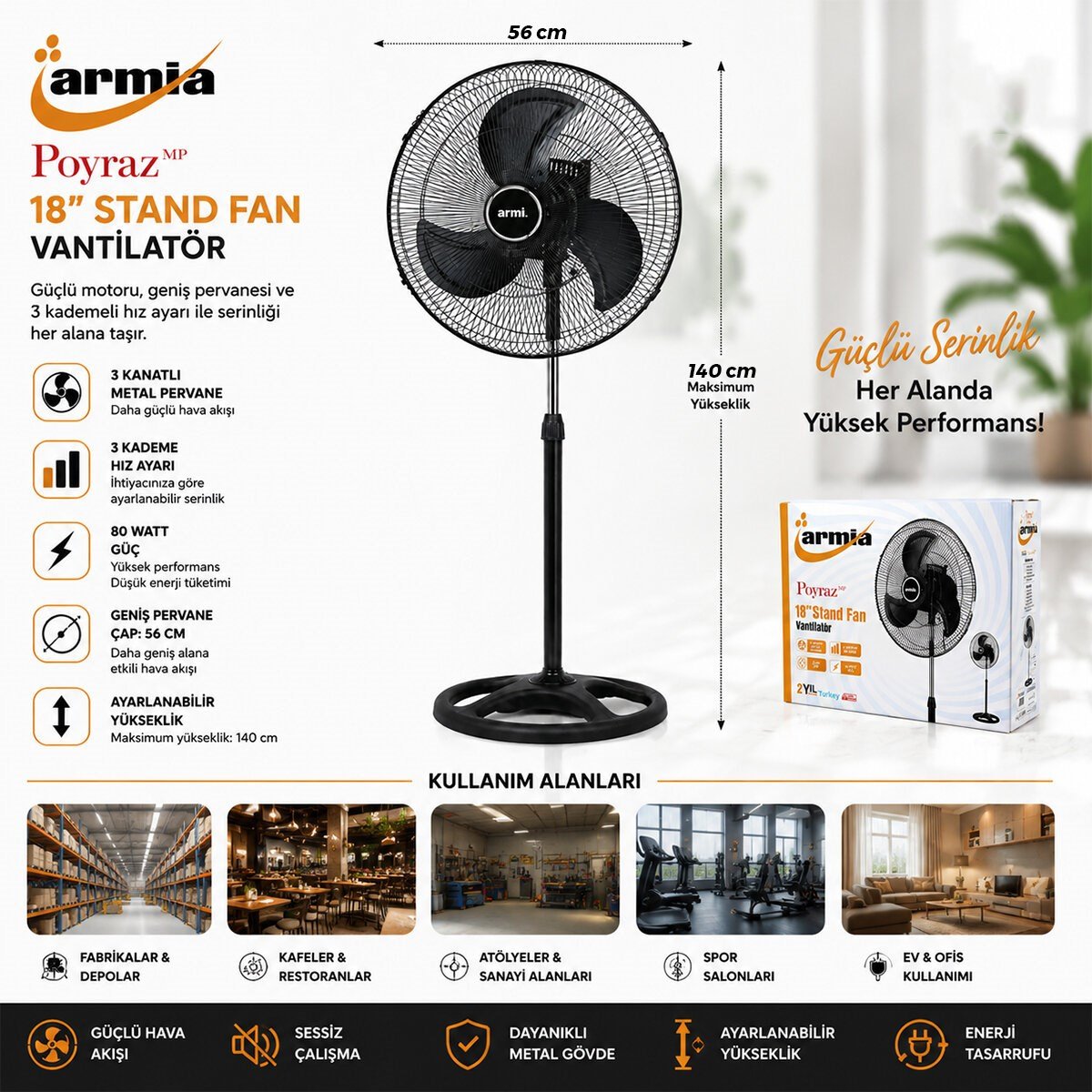 18 İNÇ SANAYİ VANTİLATÖR  3 METAL KANAT: ÇAP:56CM - Y: 140CM - 3 KADEME HIZ   80W (5293)