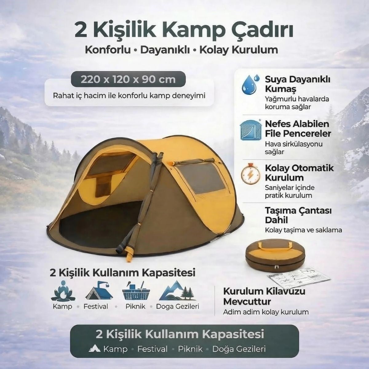 2 Kişilik Vagon Tipi Yarı Otomatik Kamp Çadırı – Çift Kapılı, Çift Pencereli, Hafif Taşınabilir Outdoor Doğa Çadırı 220x120x90 cm (5293)