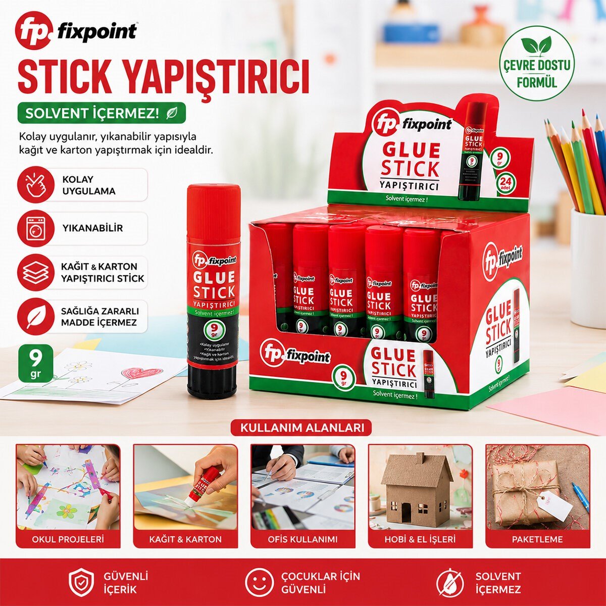 24 ADET 9GR STICK YAPIŞTIRICI SOLVENT İÇERMEZ YIKANABİLİR KOLAY UYGULAMA KAĞIT - KARTON YAPIŞTIRICI STİCK (5293)