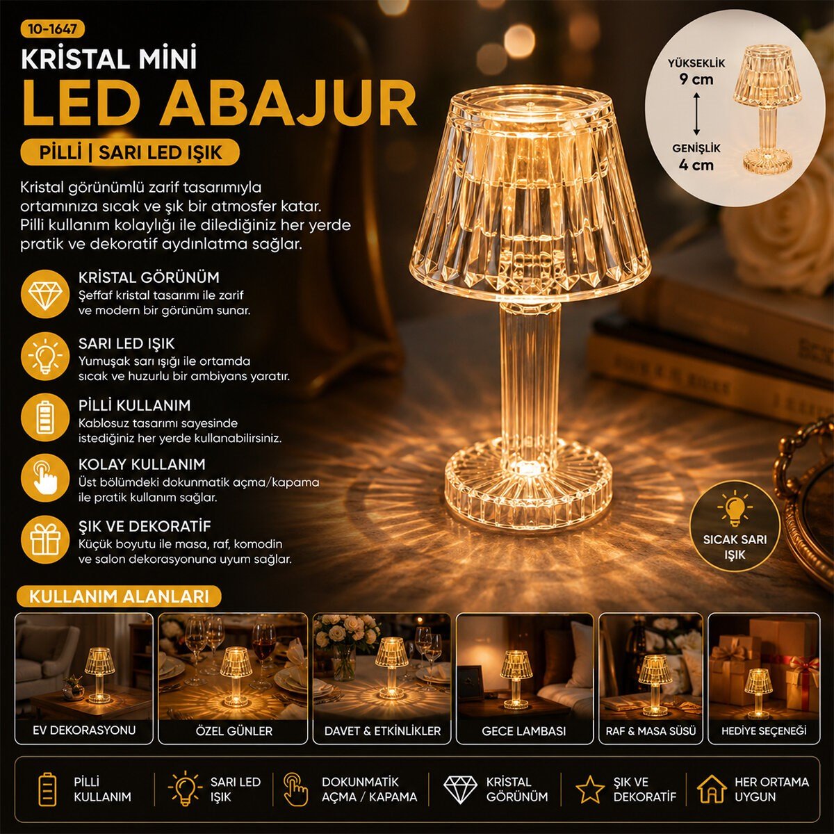 24 ADET KRİSTAL DAMLALI MUMLUK - MASA LAMBA ABAJUR MİNİ PİLLİ (5293)