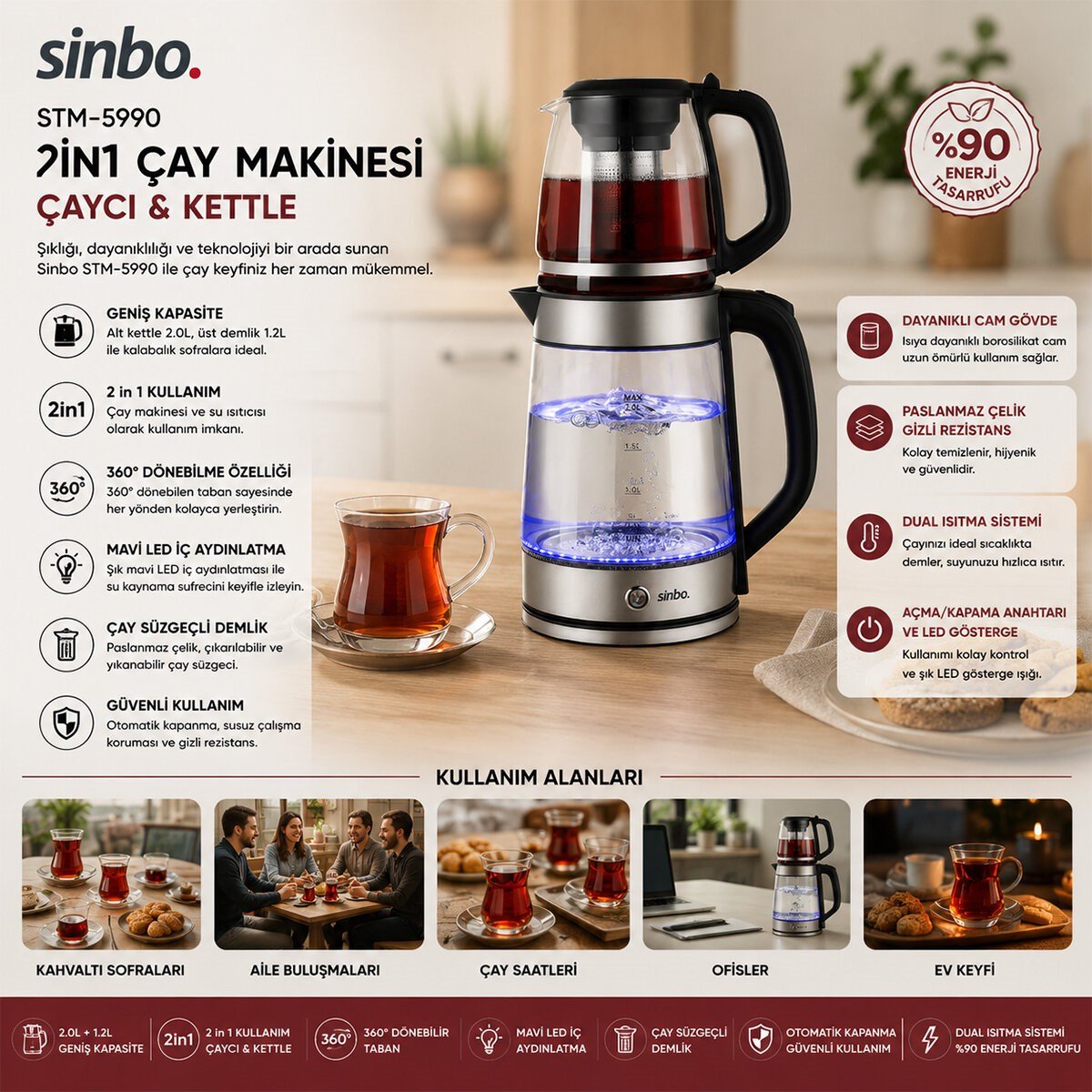 2İN1= ÇAYCI - KETTLE ÇELİK ELEKTRİKLİ ÇAY MAKİNESİ 2LT + 1,2LT ÇAY SÜZGEÇLİ 360° DÖNEBİLİR STM-5990 (5293)