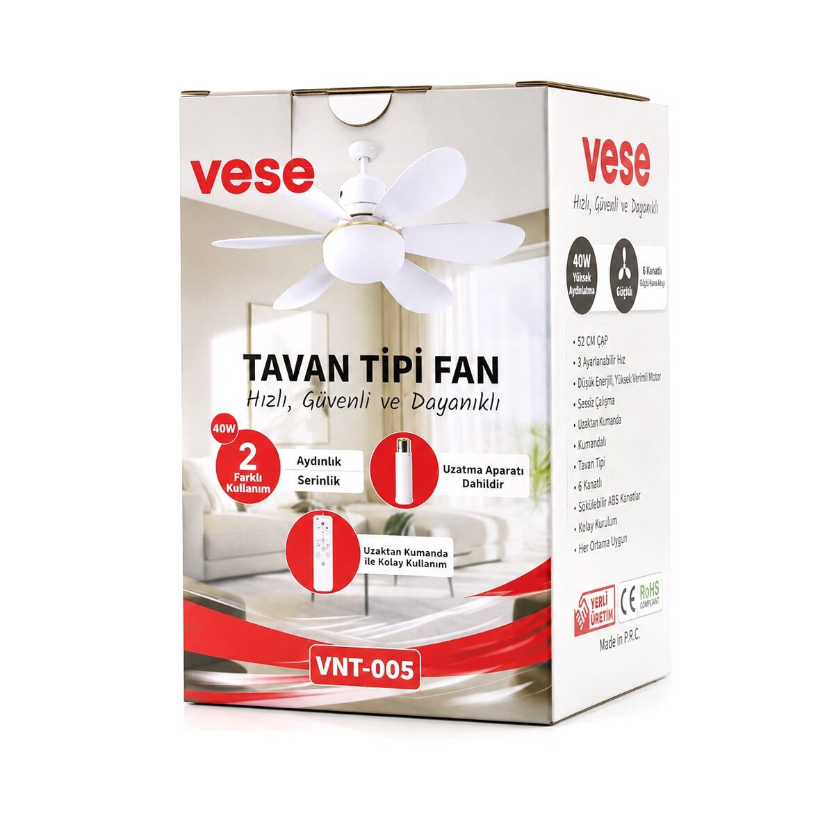 2İN1=TAVAN VANTİLATÖR - AVİZE LAMBA 40W KUMANDALI 6KNAT VNT-005 (5293)