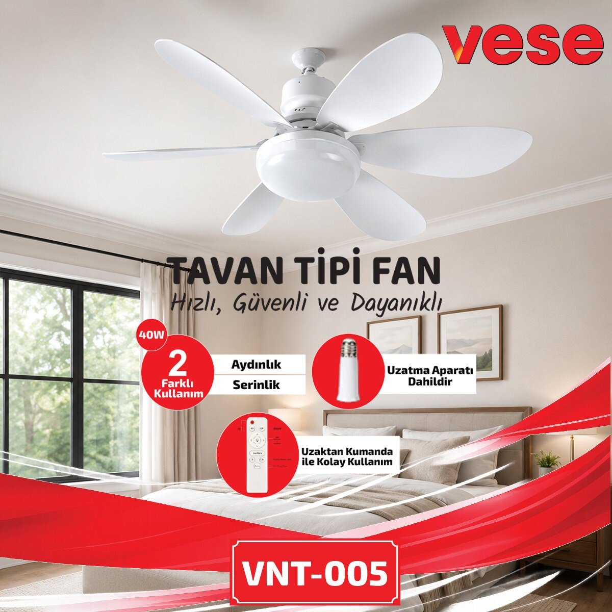 2İN1=TAVAN VANTİLATÖR - AVİZE LAMBA 40W KUMANDALI 6KNAT VNT-005 (5293)