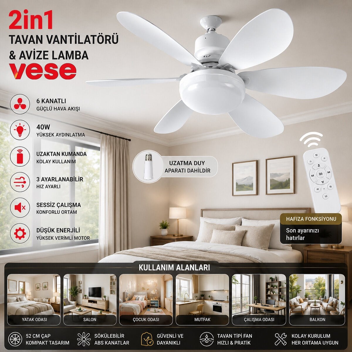 2İN1=TAVAN VANTİLATÖR - AVİZE LAMBA 40W KUMANDALI 6KNAT VNT-005 (5293)
