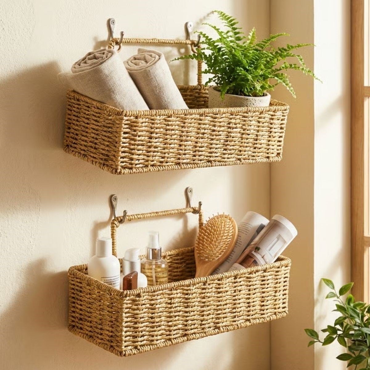 2’li Duvar Askılı Plastik Rattan Organizer – Dikdörtgen Hasır Görünümlü Mutfak Raf Sepeti, Banyo ve Ev İçi Düzenleme Ünitesi (5293)