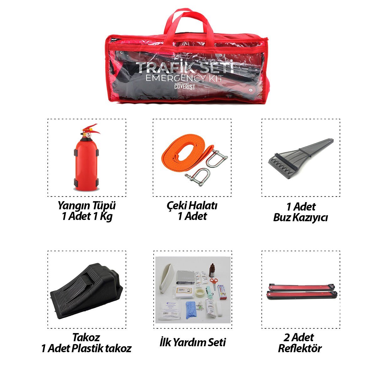 2Lİ SET 4 GEN ÇANTA 7PCS + 38PCS OTO TRAFİK SETİ + İLK YARDIM SETİ YANGIN TÜPÜ=1KG 2PCS REFLEKTÖR BEZ KEMER ÇEKME HALAT=2.9MT ARAÇ TAKOZ BUZ KAZIMA SET ÇANTASI (5293)