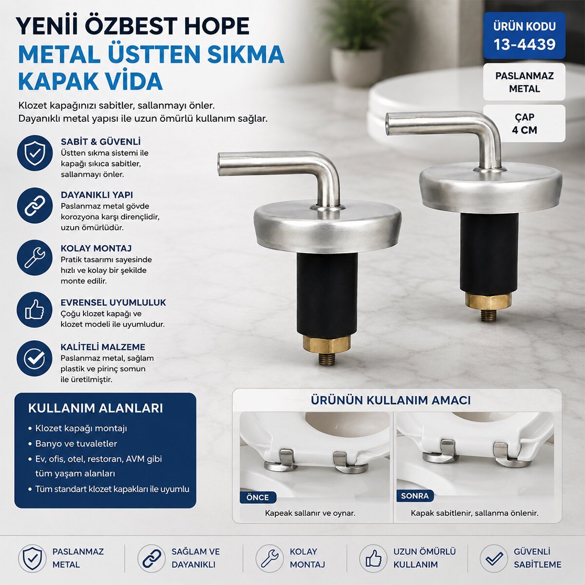 2PCS ÜSTTEN SIKMALI METAL KLOZET KAPAK MENTEŞESİ VİDASI (5293)