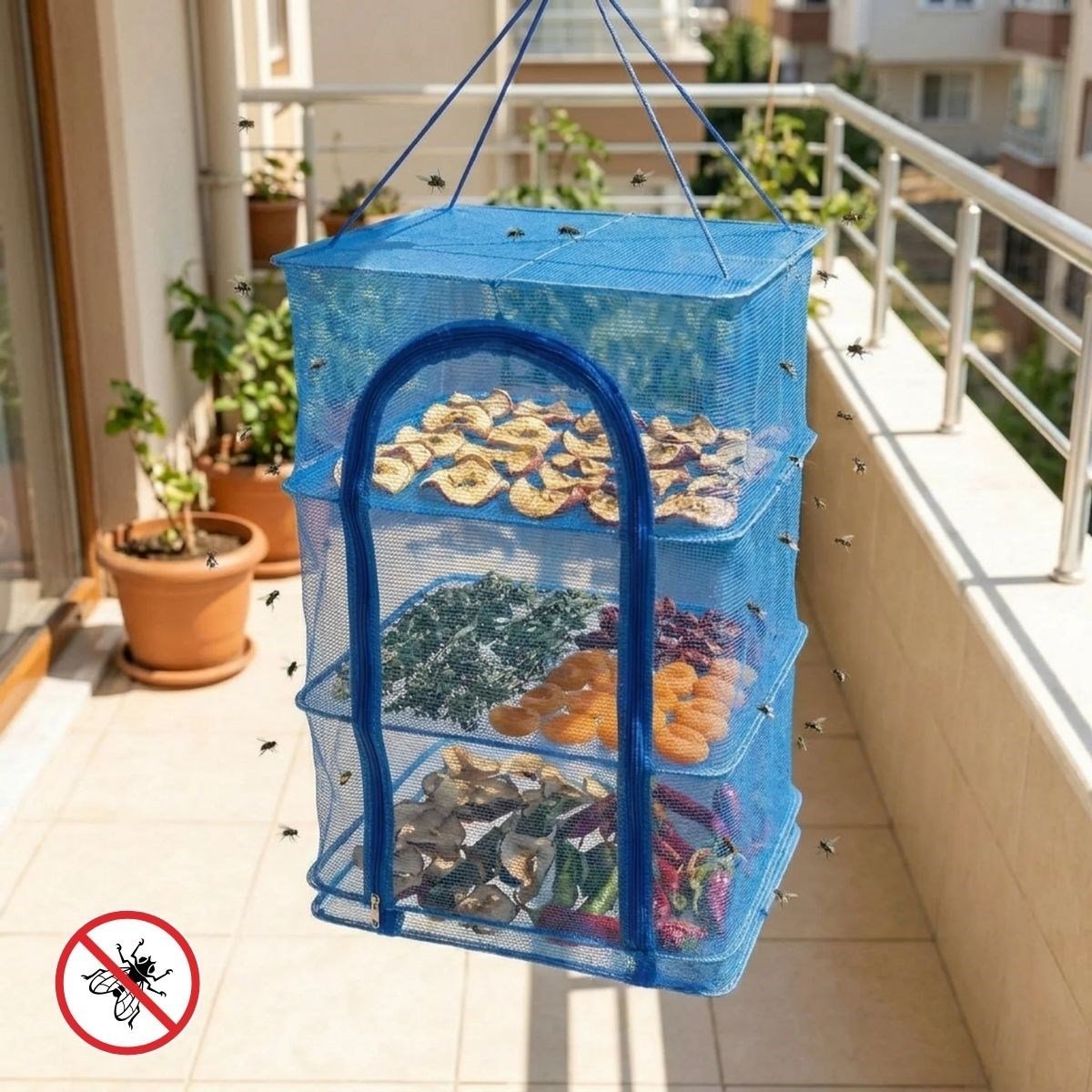 3 Katlı Fermuarlı Sebze Meyve Kurutucu File – 45x45 cm Katlı Askılı Kurutma Filesi (56 cm Uzunluk) (5293)