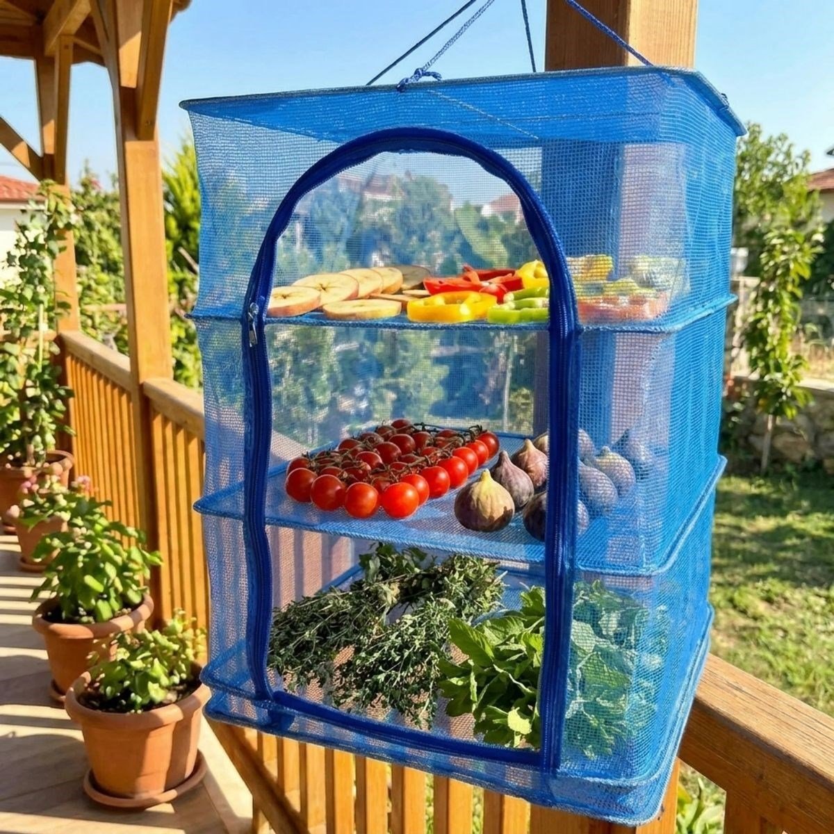 3 Katlı Fermuarlı Sebze Meyve Kurutucu File – 45x45 cm Katlı Askılı Kurutma Filesi (56 cm Uzunluk) (5293)