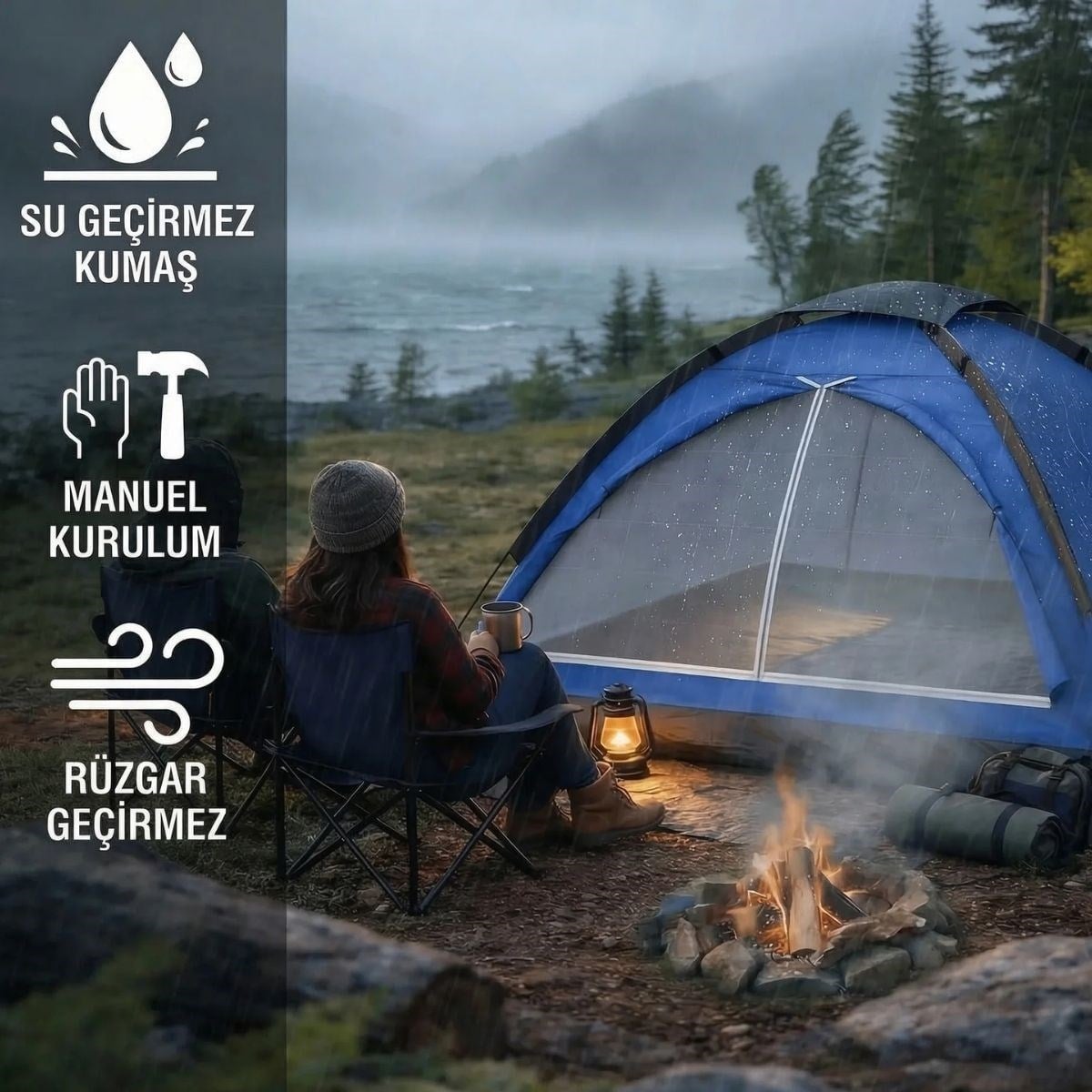 3 Kişilik Manuel Kamp Çadırı – Düz Kapılı Outdoor Aile, Doğa, Piknik ve Kamp Çadırı 200x150x110 cm (5293)