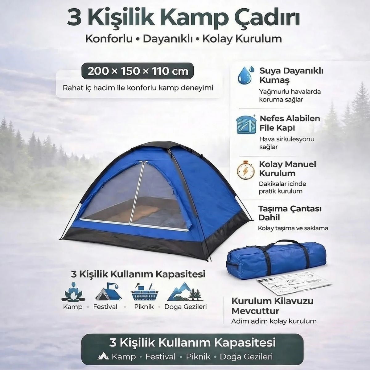 3 Kişilik Manuel Kamp Çadırı – Düz Kapılı Outdoor Aile, Doğa, Piknik ve Kamp Çadırı 200x150x110 cm (5293)