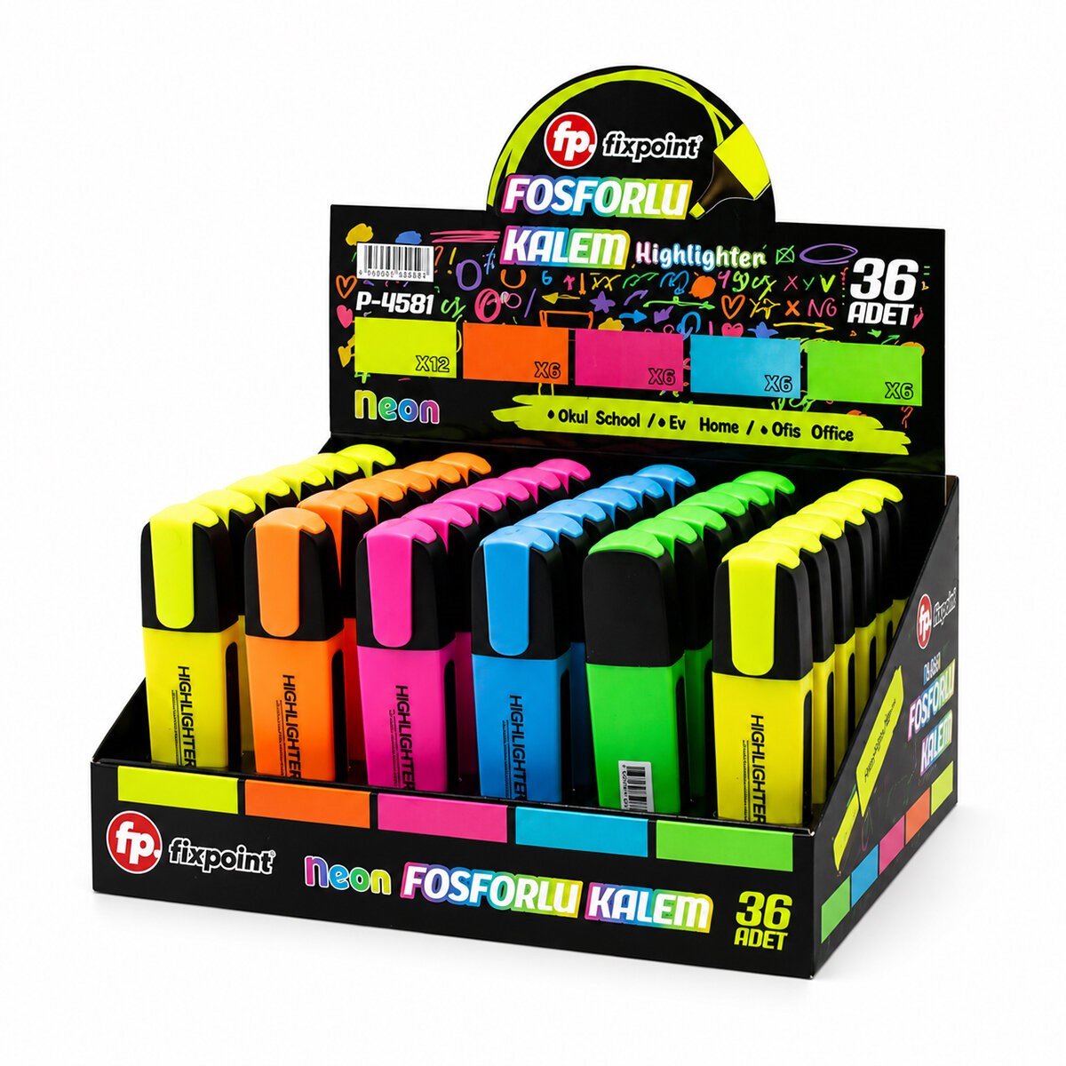 36 ADET NEON FOSFORLU KALEM - STANDLIDIR İÇİNDE 12 - SARI - 6 - TURUNCU - 6 - PEMBE - 6 - MAVİ - 6 - YEŞİL (5293)