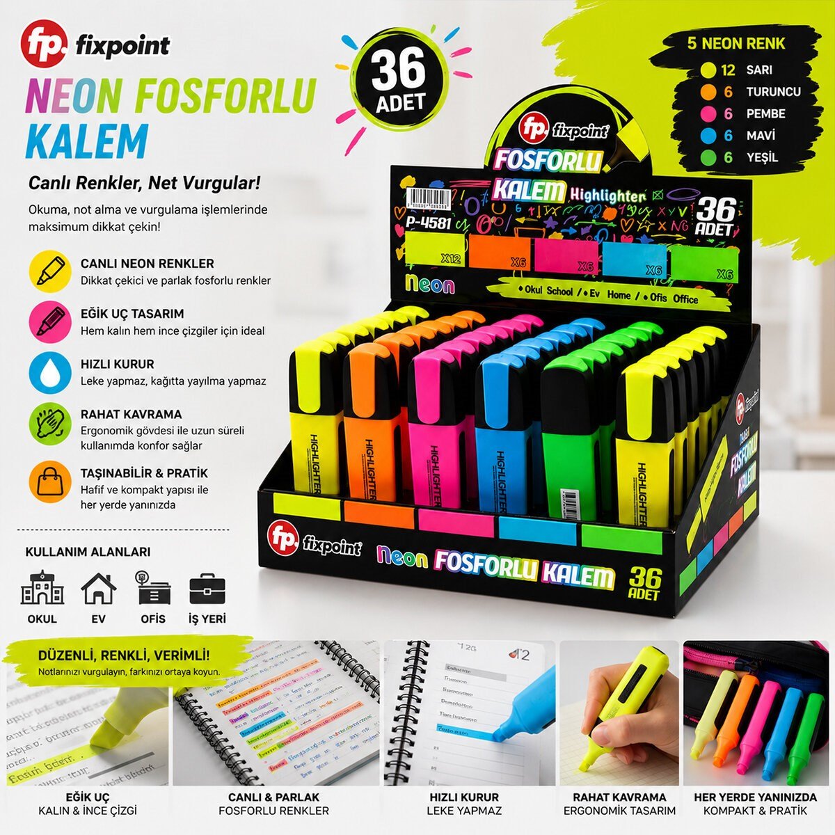 36 ADET NEON FOSFORLU KALEM - STANDLIDIR İÇİNDE 12 - SARI - 6 - TURUNCU - 6 - PEMBE - 6 - MAVİ - 6 - YEŞİL (5293)
