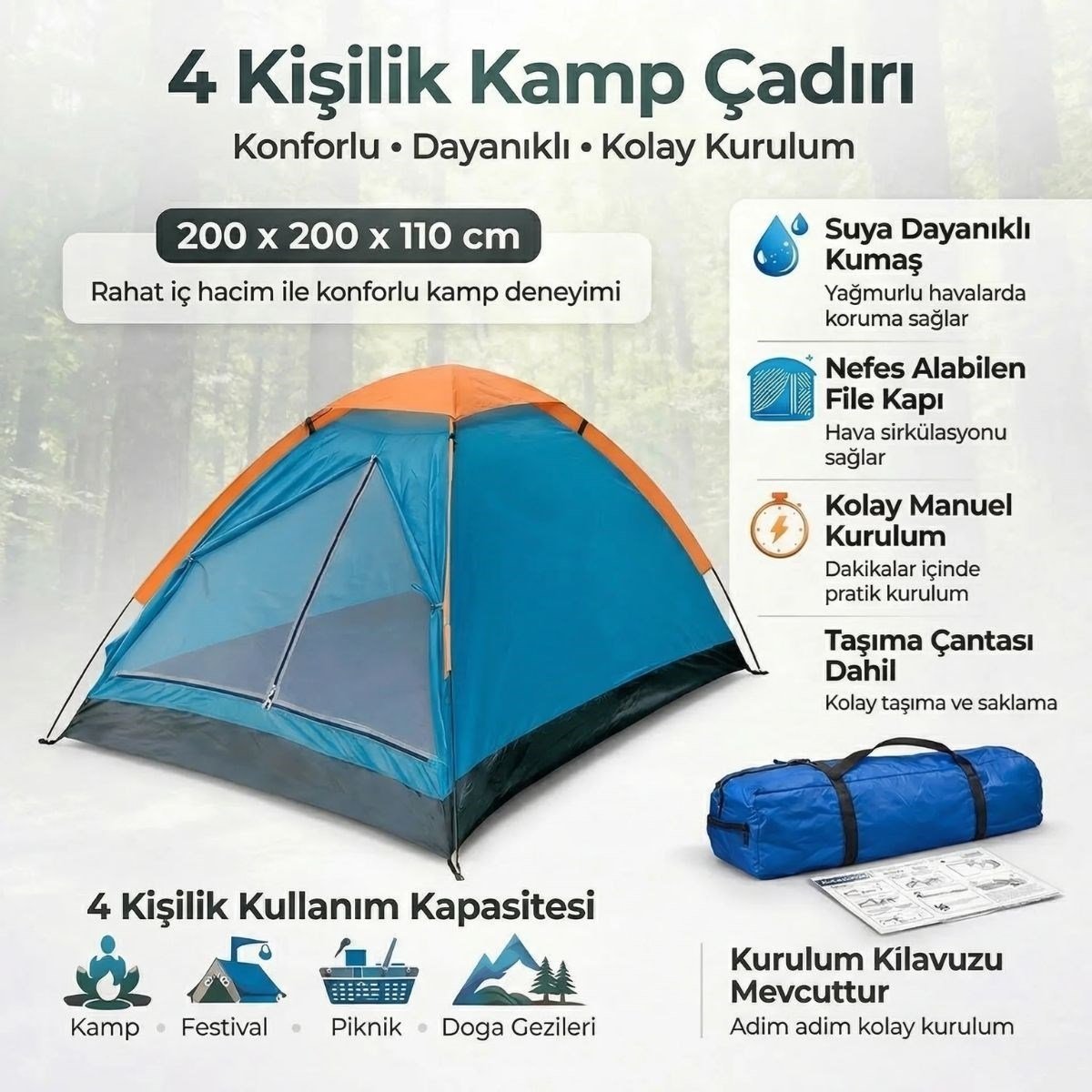 4 Kişilik Kamp Çadırı Manuel Kurulum Düz Kapılı Outdoor Dayanıklı Kamp Doğa Çadırı 200 x 200 x 110 cm (5293)