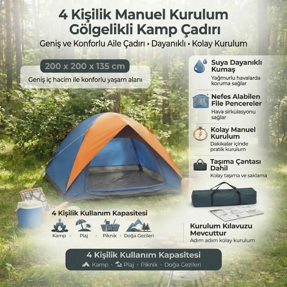 4 Kişilik Manuel Kurulum Gölgelikli Kamp Çadırı – Aile, Doğa, Piknik ve Outdoor 200x200x135 cm (5293)