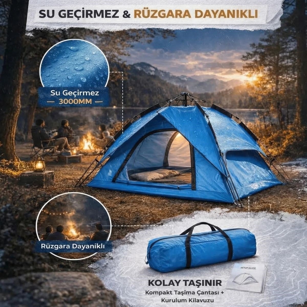 4 Kişilik Otomatik Kamp Çadırı – Çift Katmanlı, Suya Dayanıklı, Hızlı Kurulum Outdoor Aile ve Doğa Çadırı 200x200x140 cm (5293)