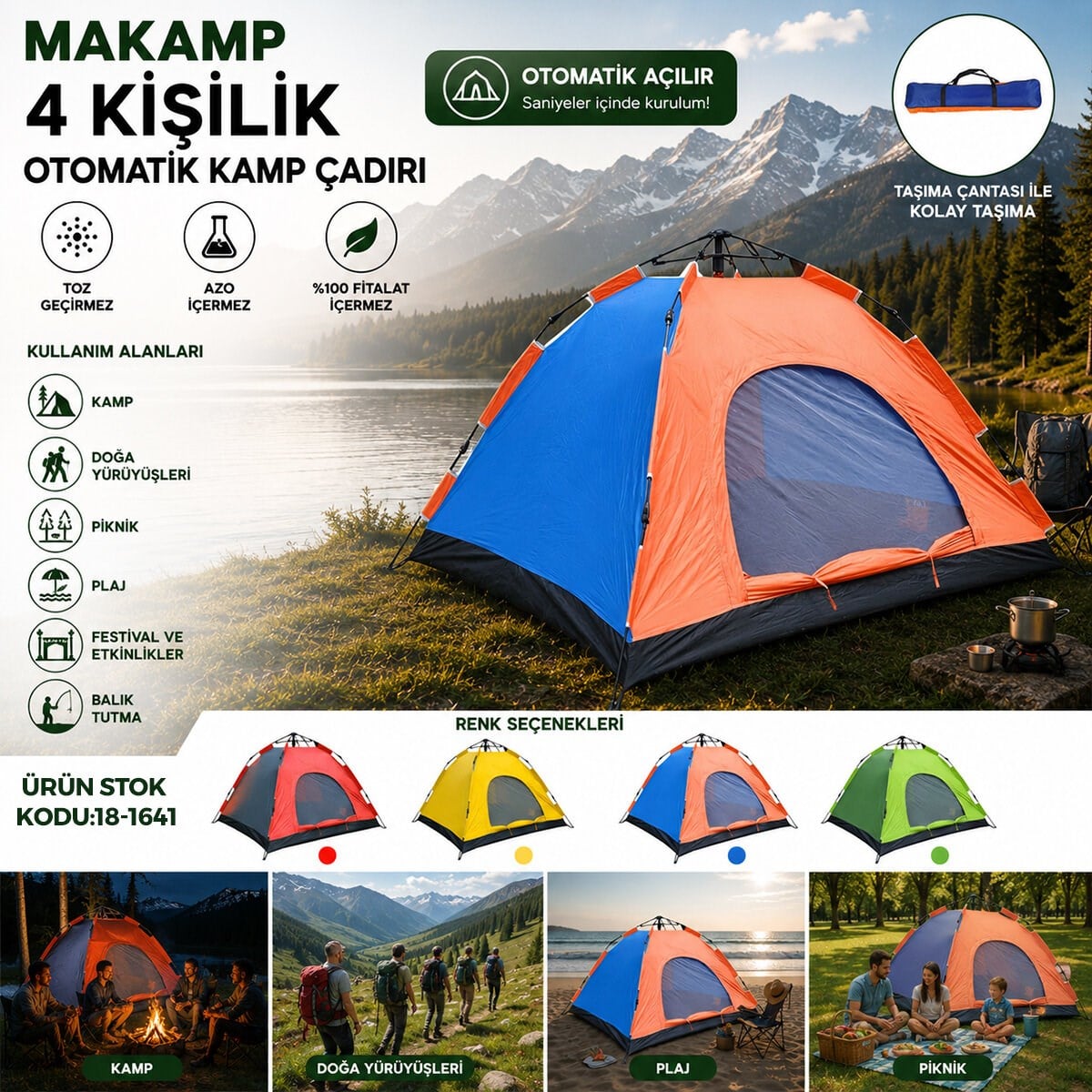 4 KİŞİLİK TOZ GEÇİRMEZ 200CMX200CMX135CM OTOMATİK KAMP ÇADIR HERHANGİ BİR RENK GÖNDERİLİR (5293)