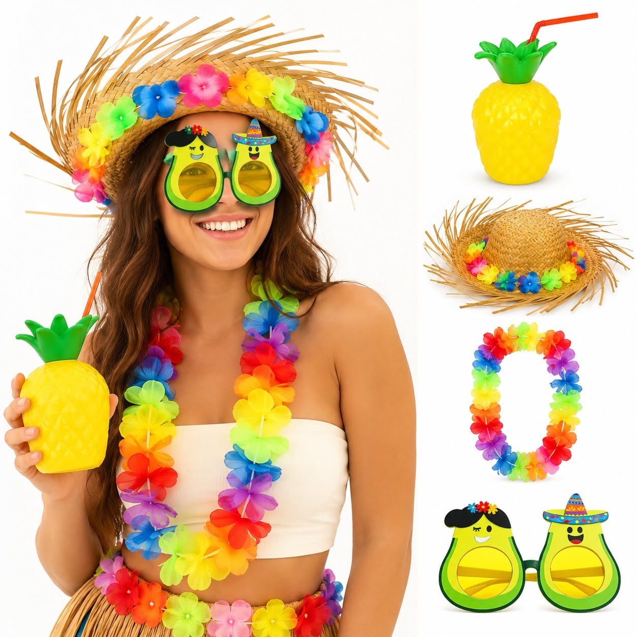 4 Parça Hawaii Parti Seti Ananas Bardak Hasır Şapka Avokado Gözlük Çiçek Kolye (5293)