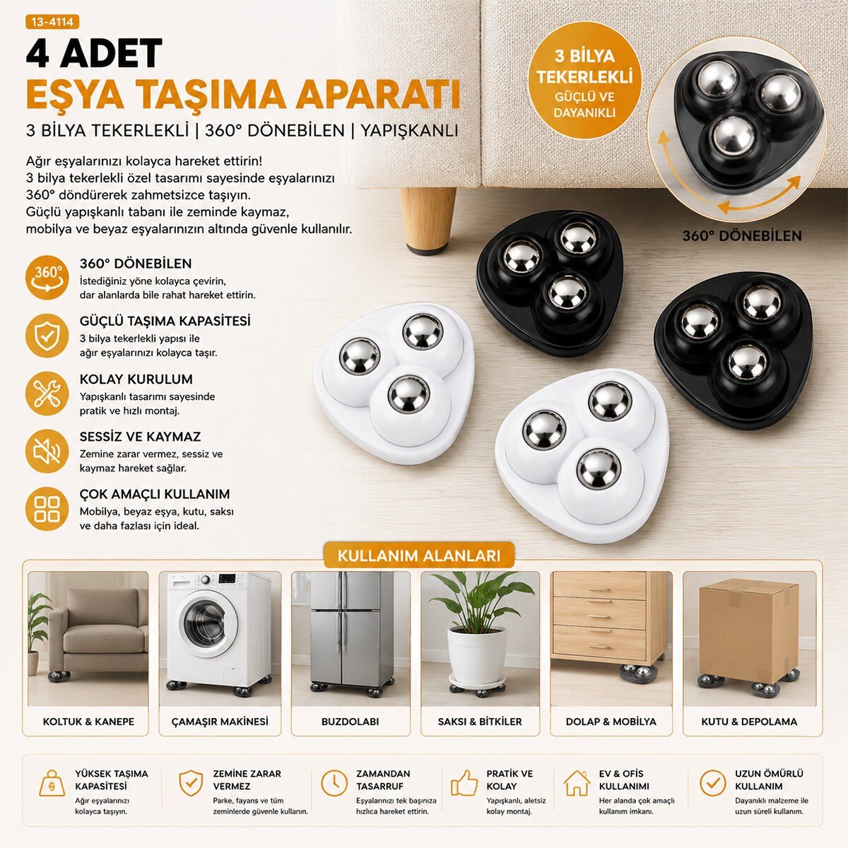 4PCS TEK BİLYA TEKERLEKLİ POŞETLİ MOBİLYA EŞYA TAŞIMA APARATI 360° (5293)