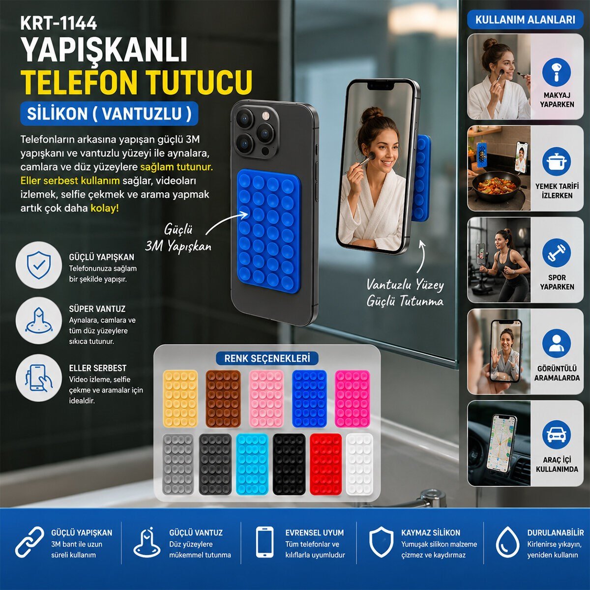 50 ADET YAPIŞKANLI TELEFON TUTUCU RENKLİ SİLİKON VANTUZLU (5293)