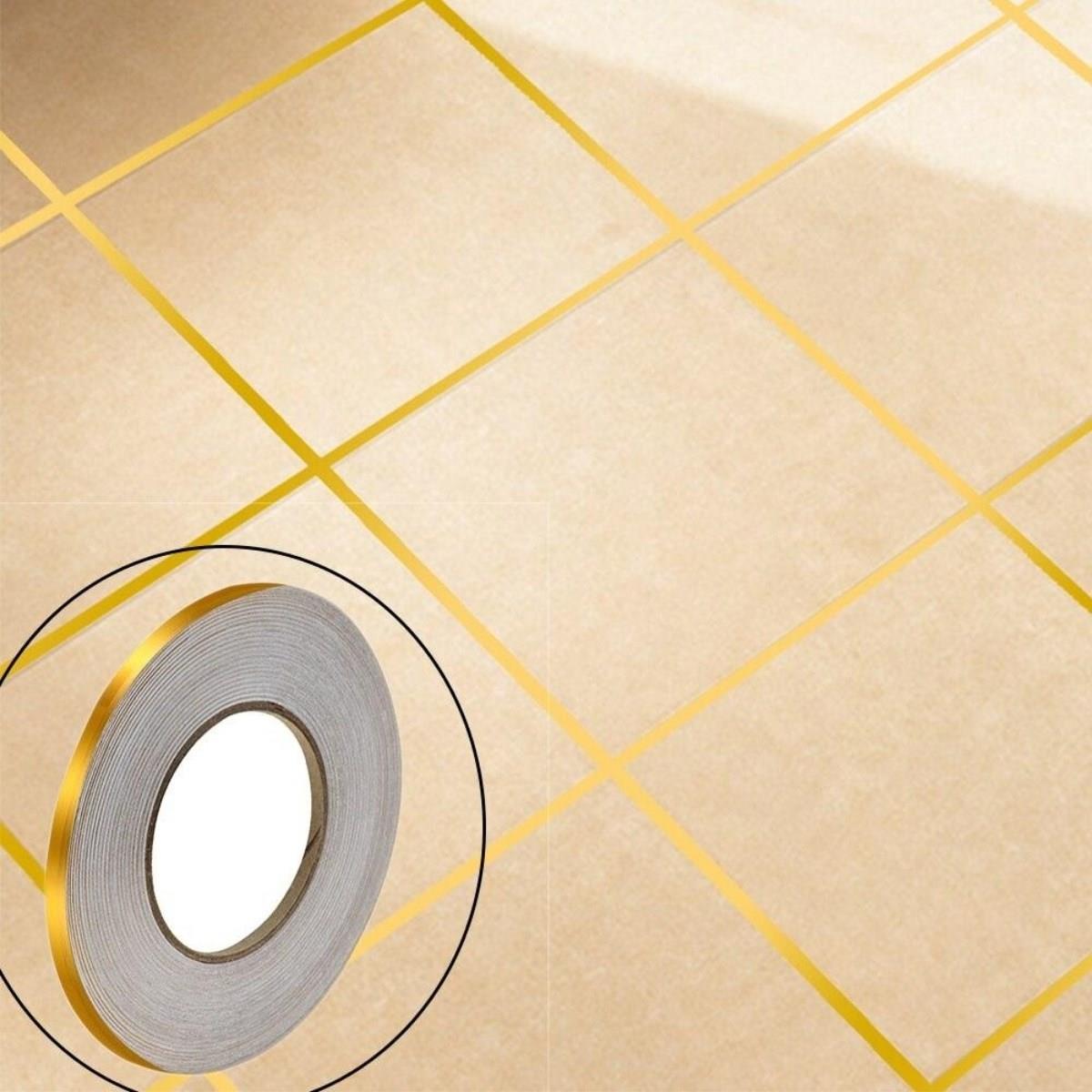 50 Metre Fayans Arası Şerit Dekoratif Yapışkan Renkli Dekor Su Geçirmez Sızdırmaz Altın Bant Kaplama 0.5 cm Genişliğindedir (5293)