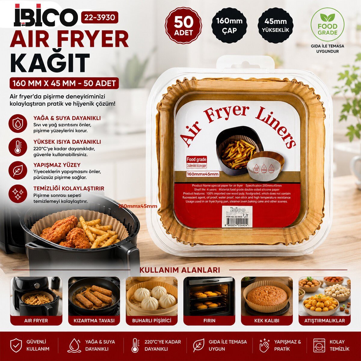 50PCS KARE TABAN: 16CM - KENAR: 4.5CM AİR FRYER PİŞİRME KALIP KAĞIT (5293)
