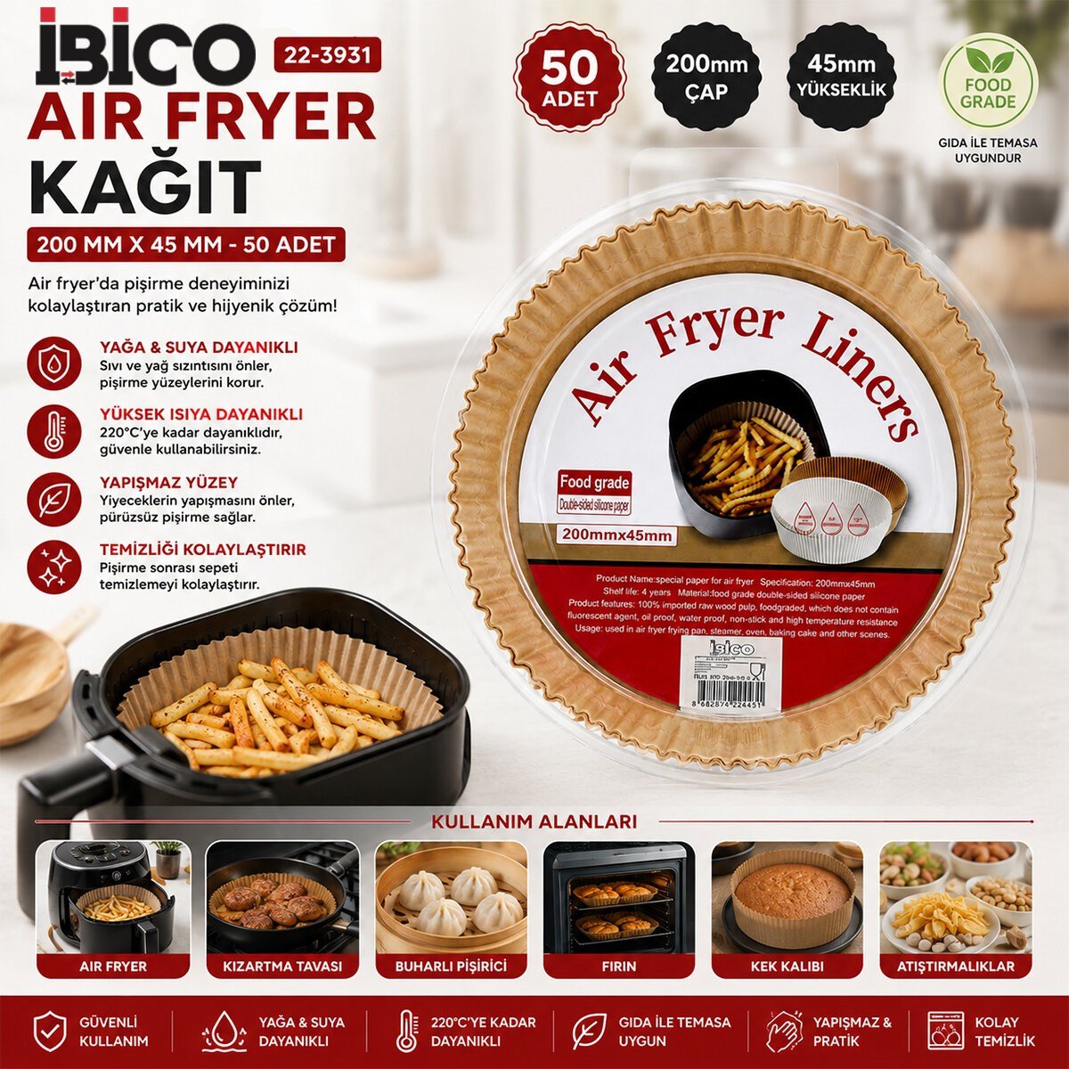 50PCS YUVARLAK TABAN: 20CM - KENAR: 4.5CM AİR FRYER PİŞİRME KALIP KAĞIT (5293)