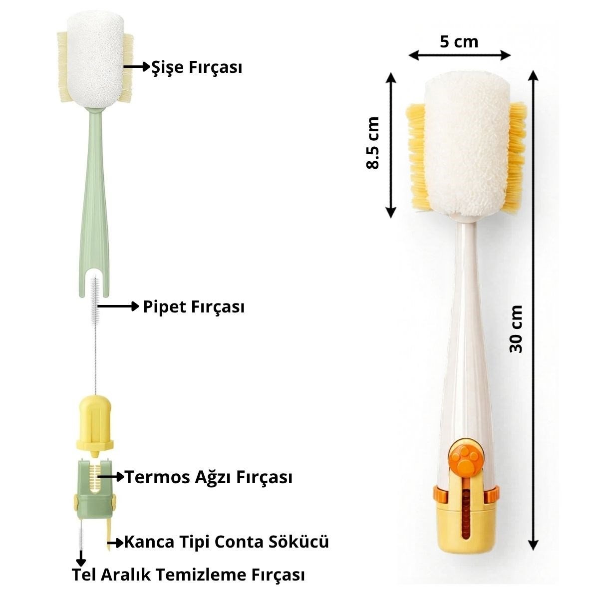 5’i 1 Arada Çok Amaçlı Şişe Temizleme Fırçası – Sürahi, Kavanoz, Pipet, Kapak, Emzik ve Biberon Temizlik Seti (5293)