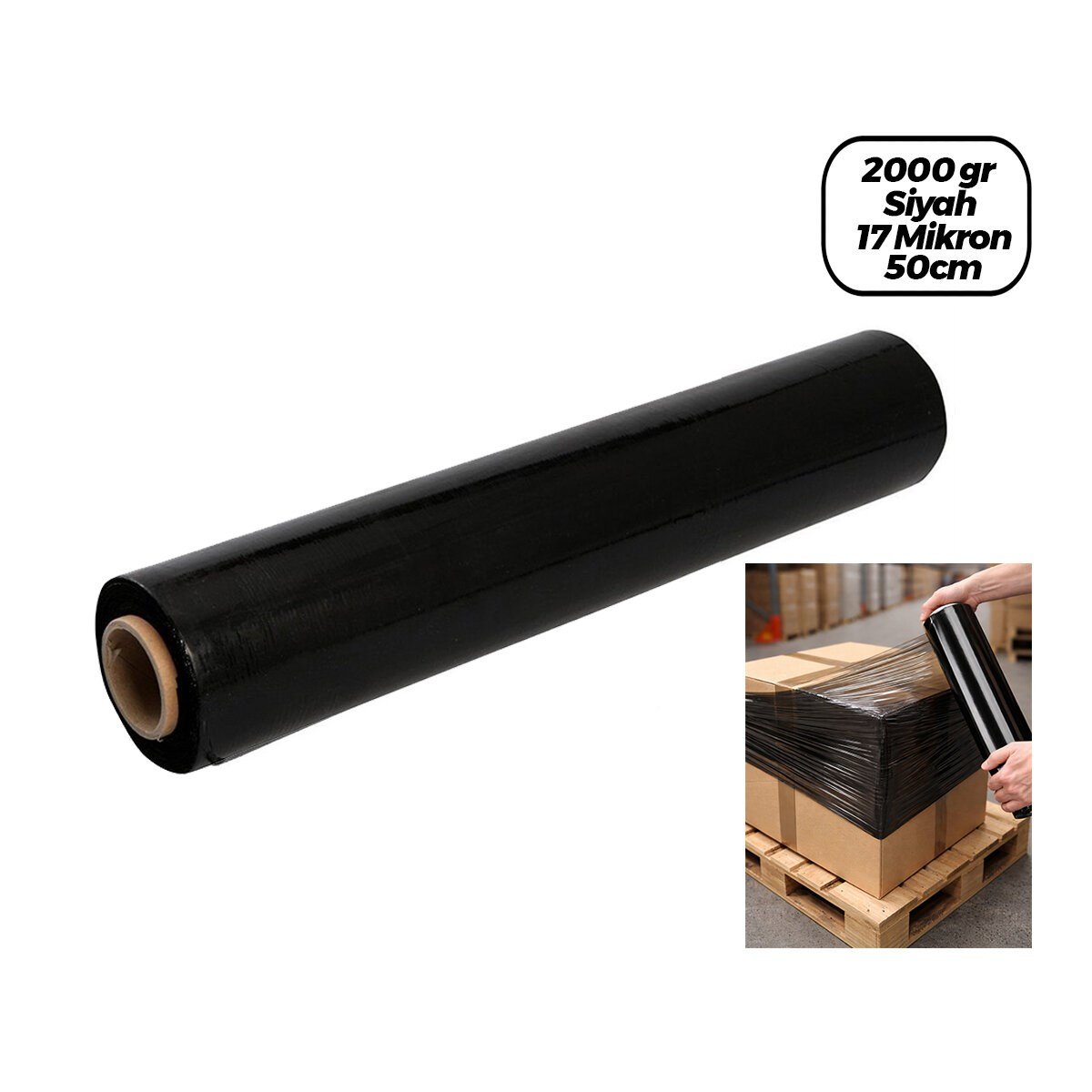 6 ADET BRÜT: 2000GR = NET STREÇ: 1500GR SİYAH KOLİ - PALET STREÇ FİLM 17 MİKRON 50CM (5293)