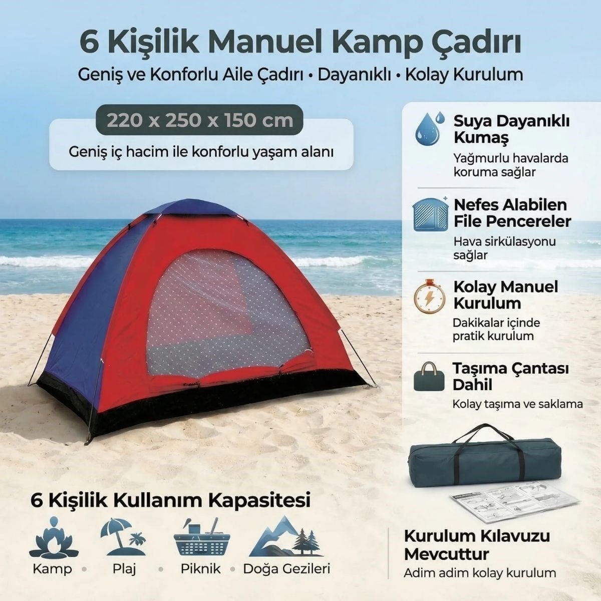 6 Kişilik Manuel Kurulum Kamp Çadırı – Aile, Doğa, Piknik ve Outdoor Kamp Çadırı 220x250x150 cm (5293)
