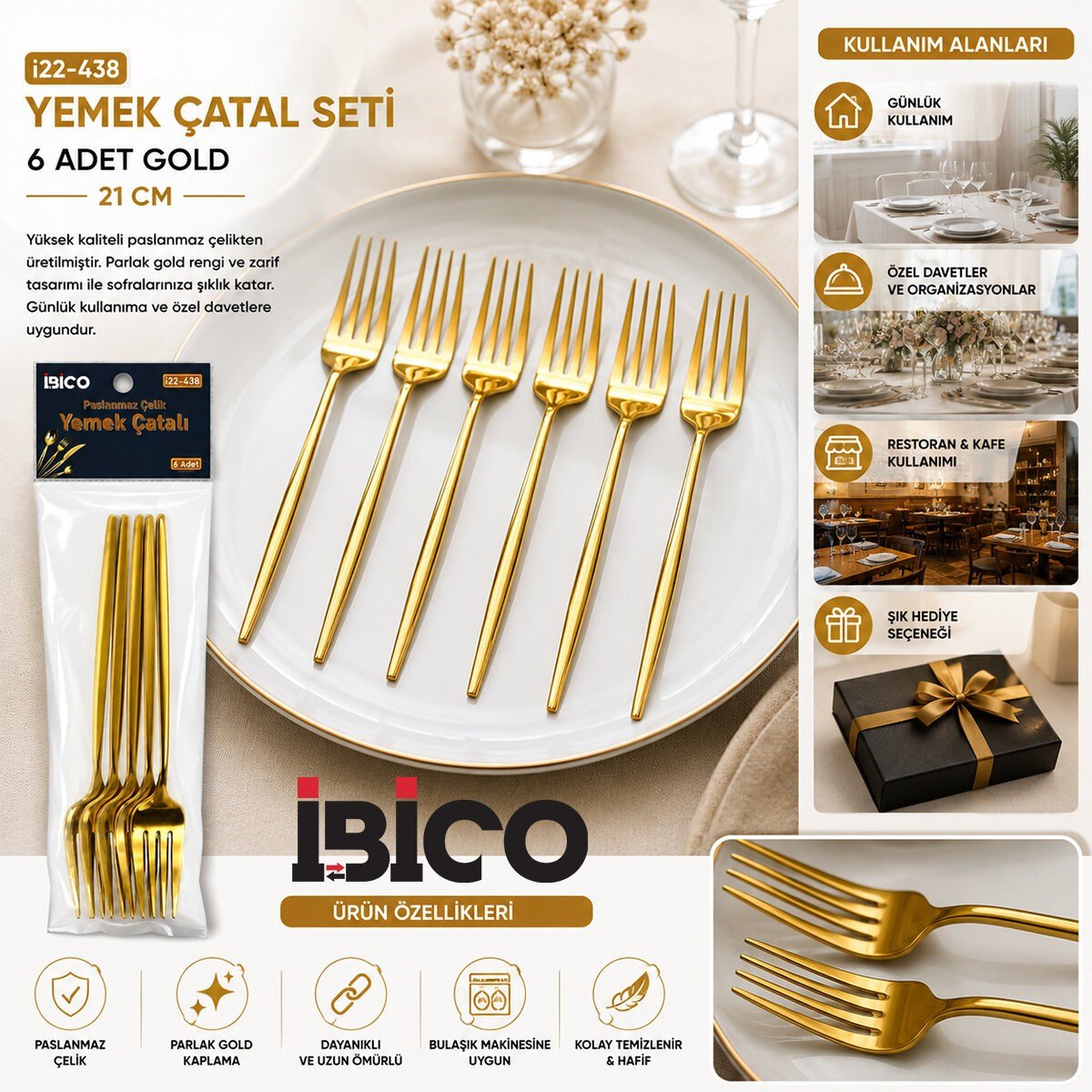 60 PARÇA GOLD YEMEK ÇATAL SETİ 21CM - 1 PAKET İÇİNDE 6 ADET VARDIR - 10 PAKET GÖNDERİLİR (5293)