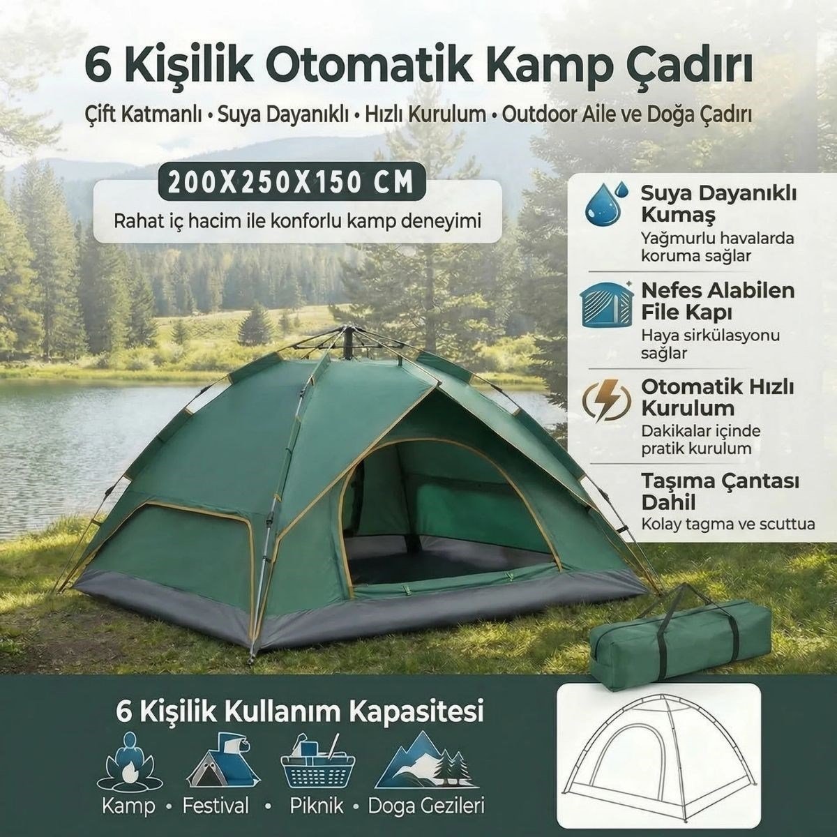 6 Kişilik Otomatik Kamp Çadırı – Çift Katmanlı, Suya Dayanıklı, Hızlı Kurulum Outdoor Aile ve Doğa Çadırı 200x250x150 cm (5293)