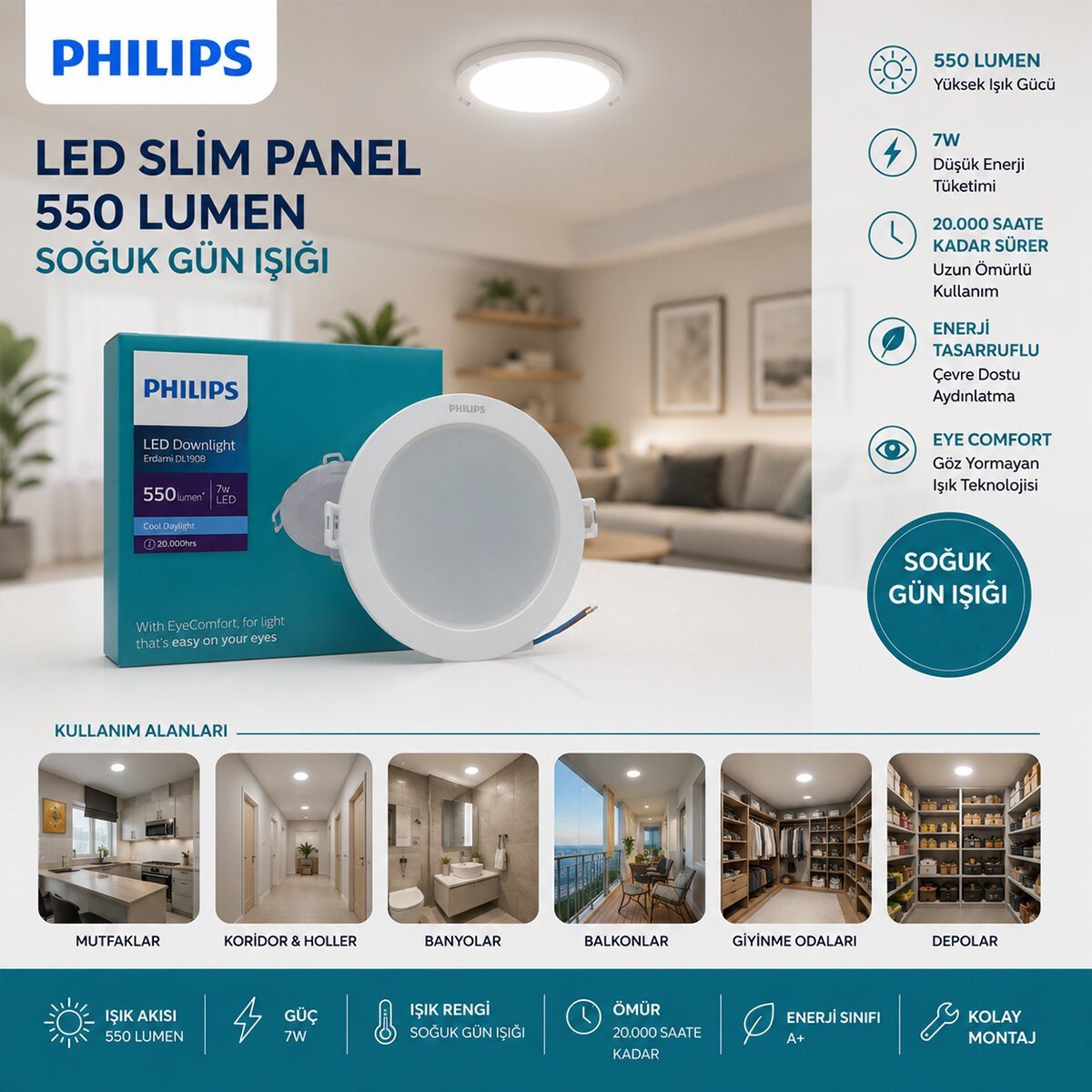 7W SIVA ALTI YUVARLAK LED SLİM PANEL 550LUMEN 20.000 SAAT ÖMÜR (5293)