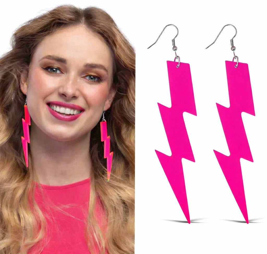 80’ler 90'lar Retro Neon Pembe Şimşek Küpe 10 cm (5293)